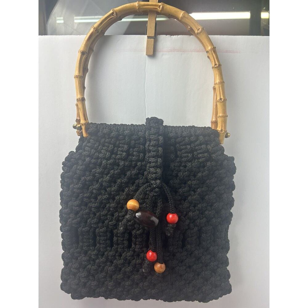 Macrame Handbag Black Bamboo Round Wood Handles Boho Hippie Cottagecore Purse‎